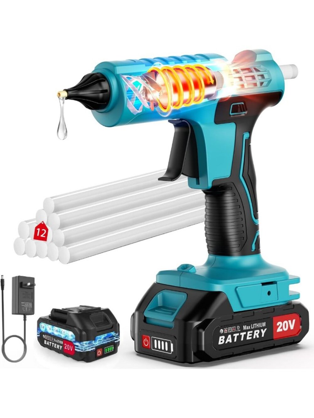 100W Cordless Hot Glue Gun Set with Battery & Charger, 12 Glue Sticks for DIY